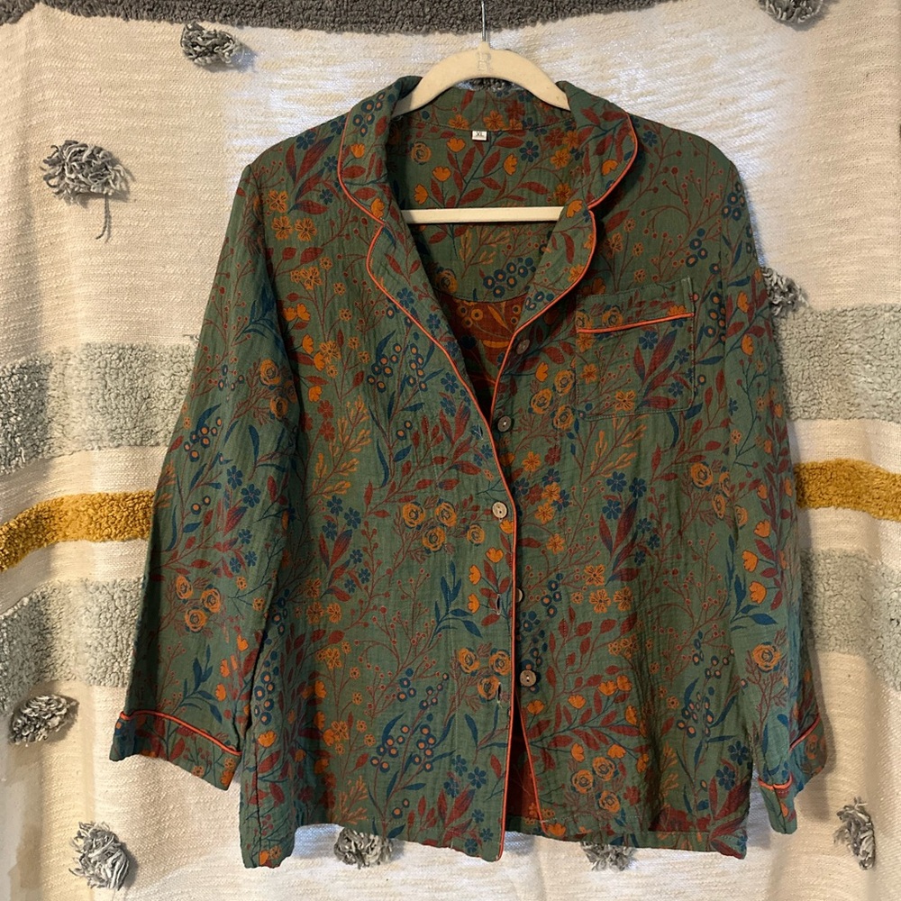 Ownkoti Vintage Leaf Cotton Lapel Loungewear Top - XL